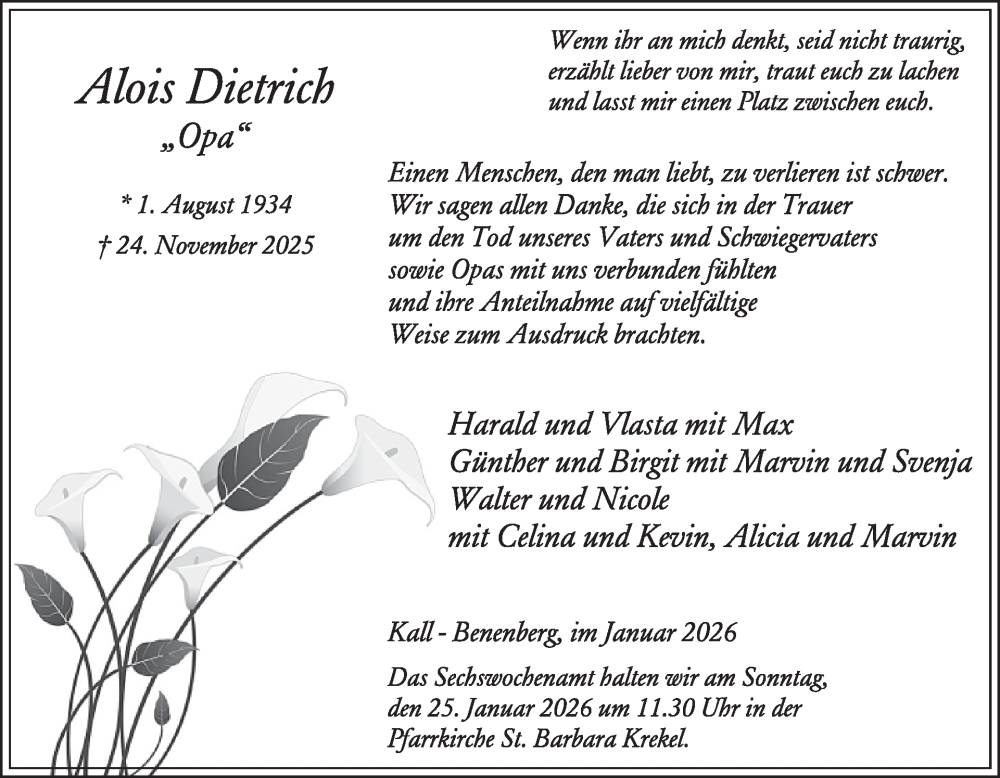  Traueranzeige für Alois Dietrich vom 14.01.2026 aus WochenSpiegel