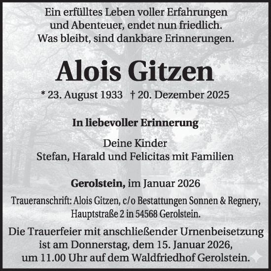 Traueranzeige von Alois Gitzen von WochenSpiegel