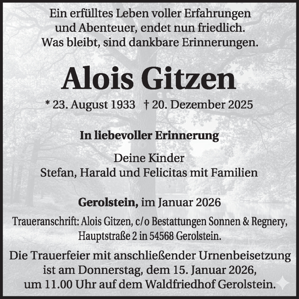  Traueranzeige für Alois Gitzen vom 10.01.2026 aus WochenSpiegel