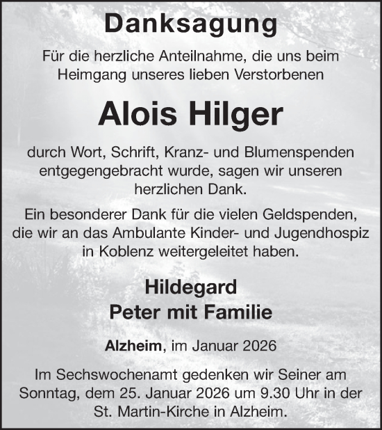 Traueranzeige von Alois Hilger von WochenSpiegel