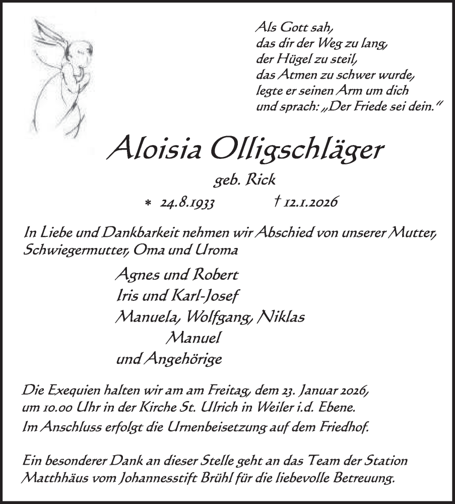  Traueranzeige für Aloisia Olligschläger vom 21.01.2026 aus WochenSpiegel