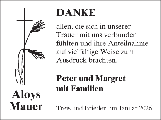 Traueranzeige von Aloys Mauer von WochenSpiegel