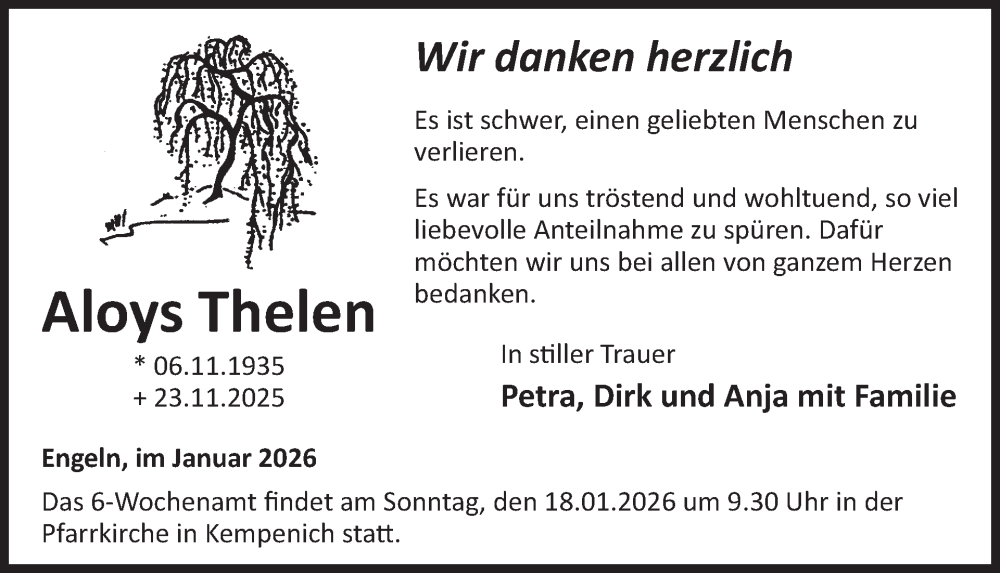  Traueranzeige für Aloys Thelen vom 07.01.2026 aus WochenSpiegel