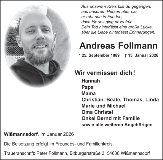 Traueranzeige von Andreas Follmann von WochenSpiegel