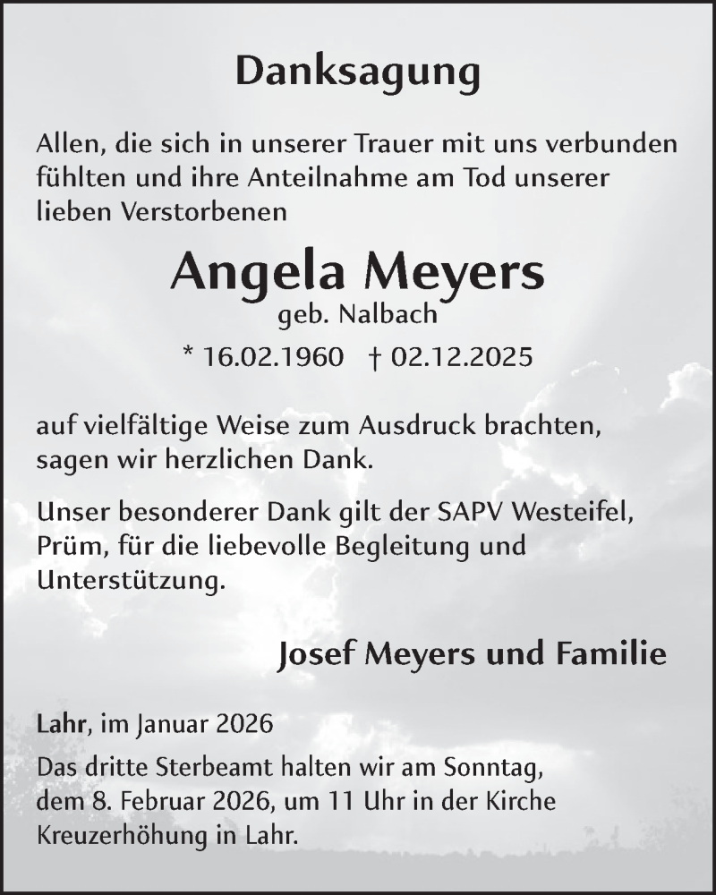  Traueranzeige für Angela Meyers vom 30.01.2026 aus WochenSpiegel