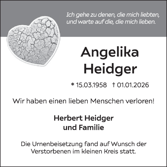 Traueranzeige von Angelika Heidger von WochenSpiegel