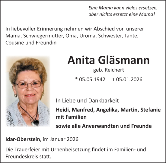 Traueranzeige von Anita Gläsmann von WochenSpiegel