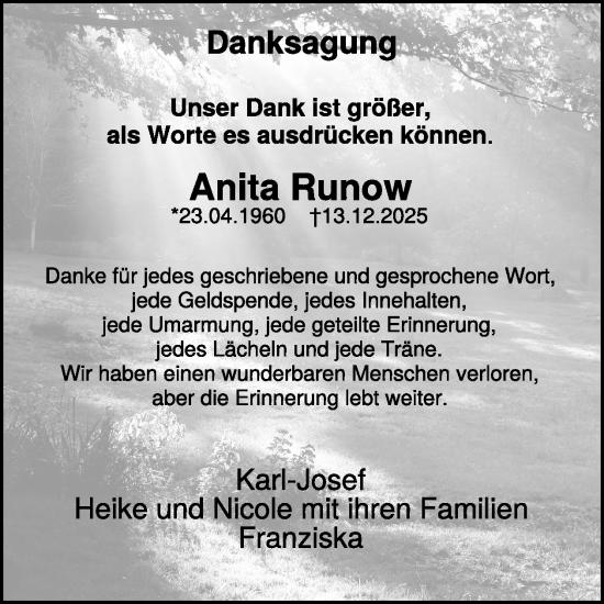 Traueranzeige von Anita Runow von WochenSpiegel