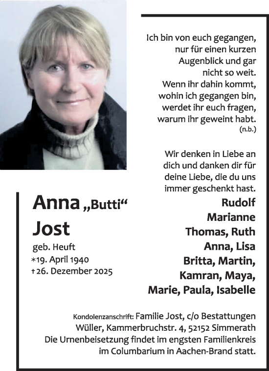 Traueranzeige von Anna Jost von WochenSpiegel