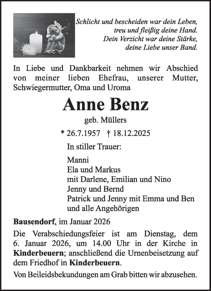  Traueranzeige für Anne Benz vom 02.01.2026 aus WochenSpiegel