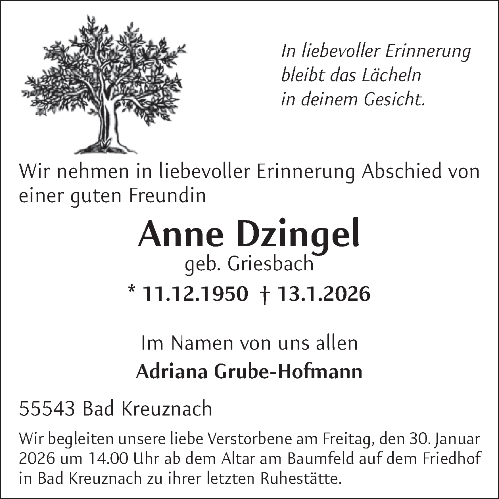  Traueranzeige für Anne Dzingel vom 24.01.2026 aus WochenSpiegel