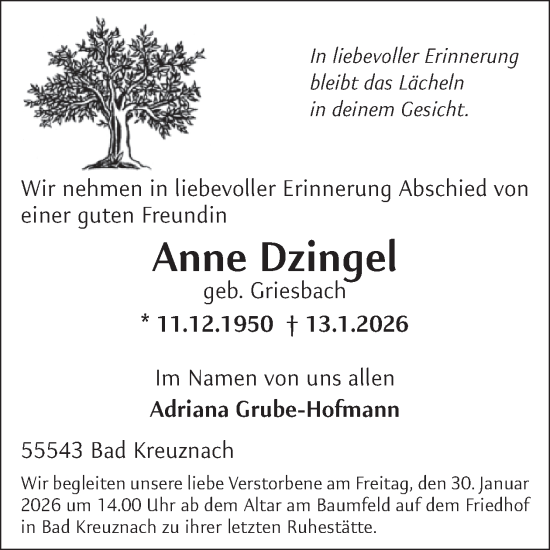 Traueranzeige von Anne Dzingel von WochenSpiegel