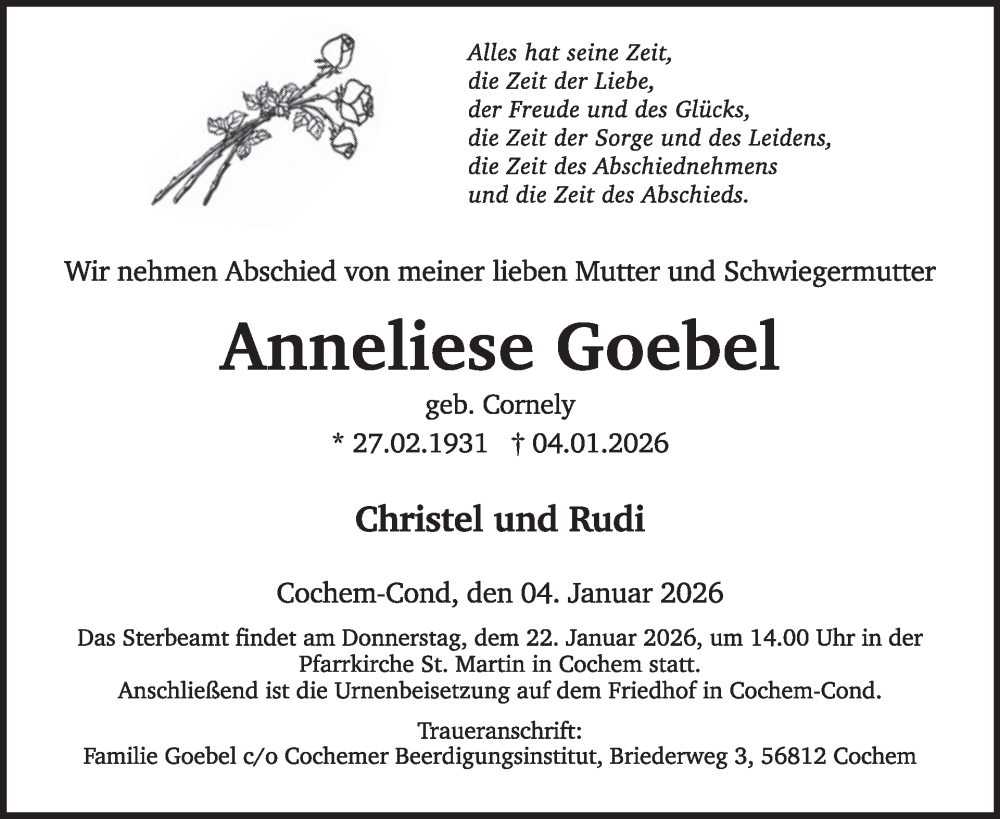  Traueranzeige für Anneliese Goebel vom 14.01.2026 aus WochenSpiegel