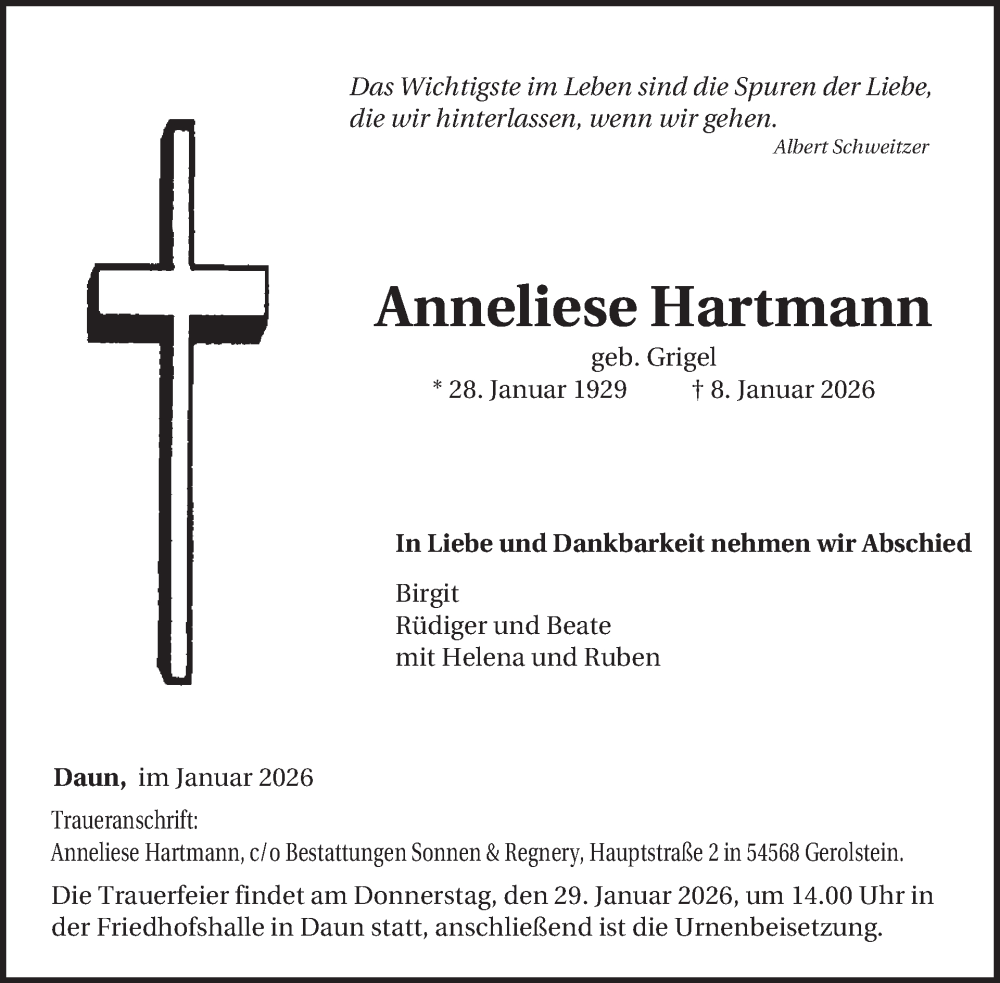  Traueranzeige für Anneliese Hartmann vom 24.01.2026 aus WochenSpiegel