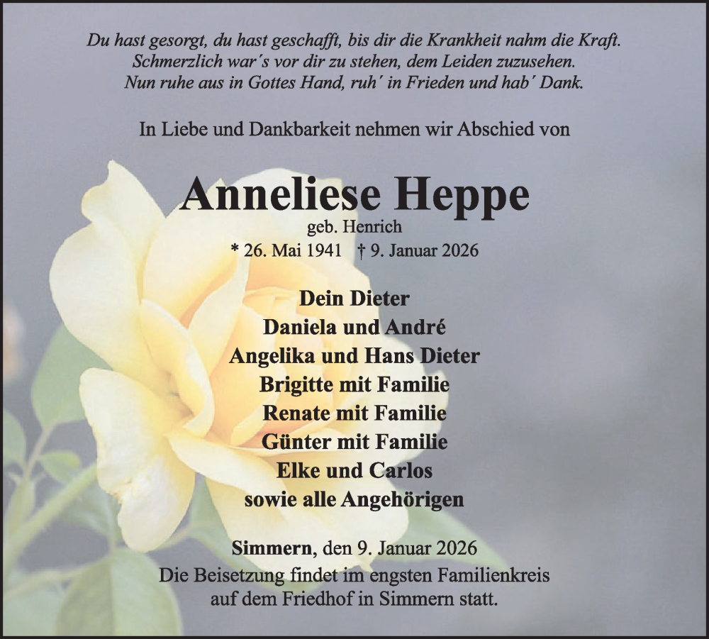 Traueranzeige für Anneliese Heppe vom 17.01.2026 aus WochenSpiegel