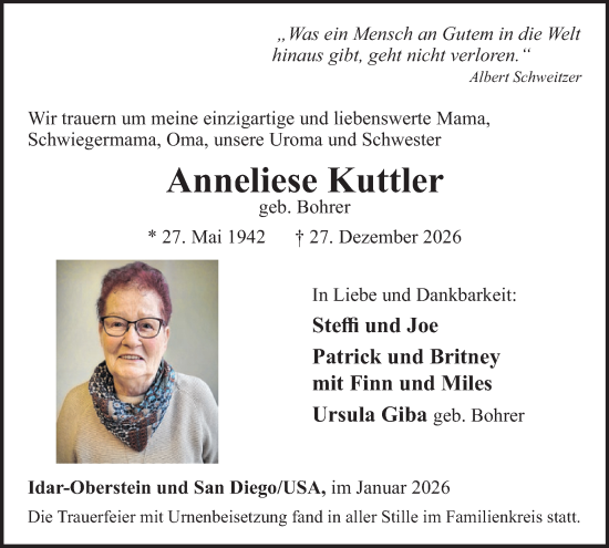 Traueranzeige von Anneliese Kuttler von WochenSpiegel