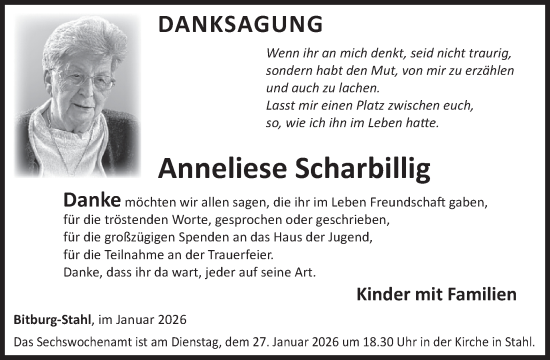 Traueranzeige von Anneliese Scharbillig von WochenSpiegel