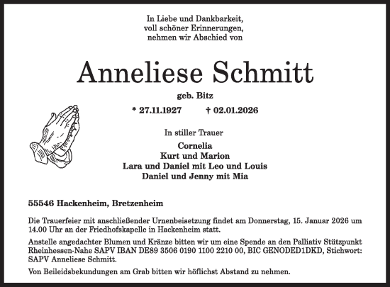 Traueranzeige von Anneliese Schmitt von WochenSpiegel