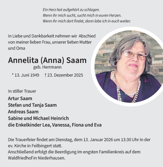 Traueranzeige von Annelita Saam von WochenSpiegel