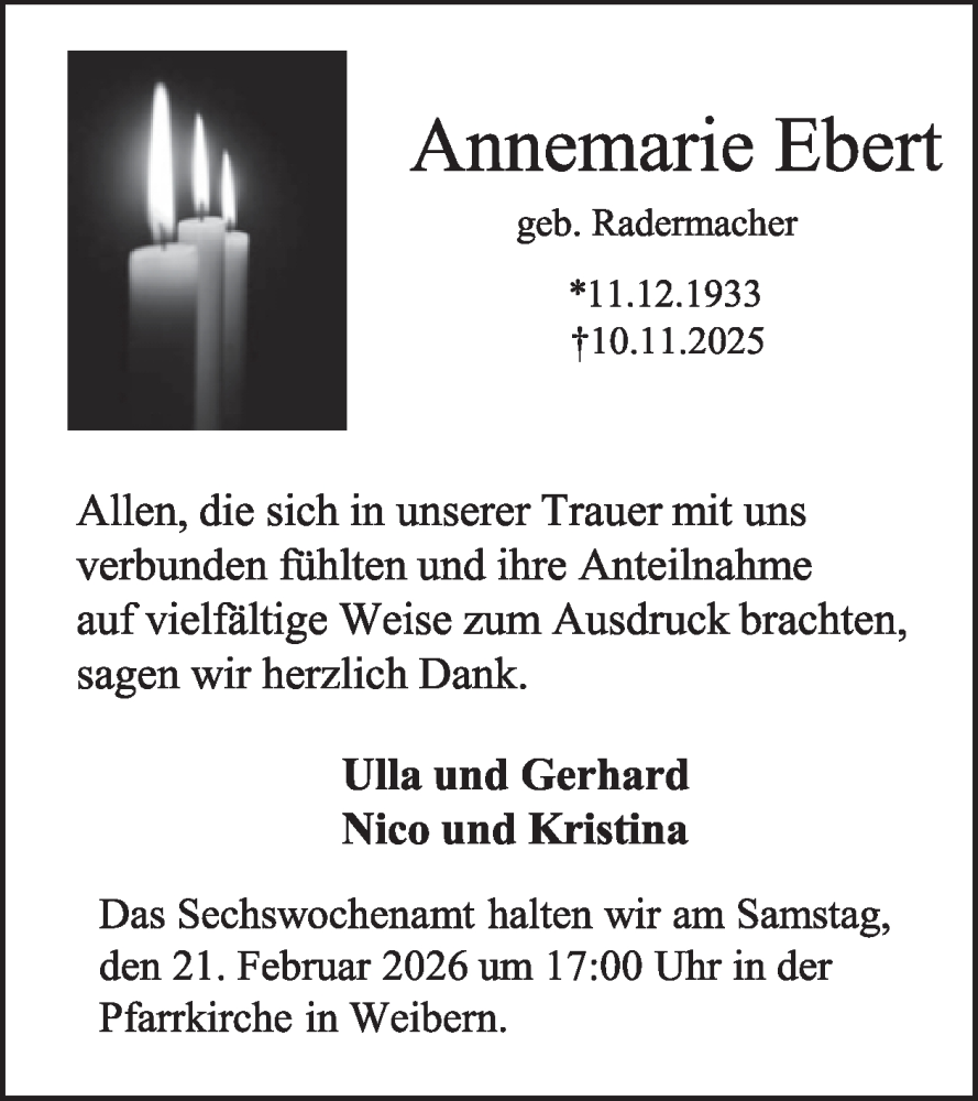  Traueranzeige für Annemarie Ebert vom 28.01.2026 aus WochenSpiegel