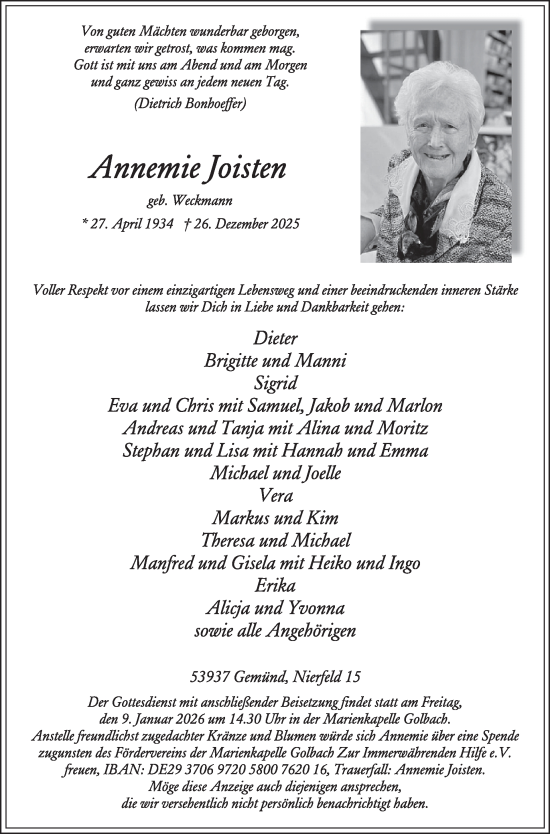 Traueranzeige von Annemie Joisten von WochenSpiegel
