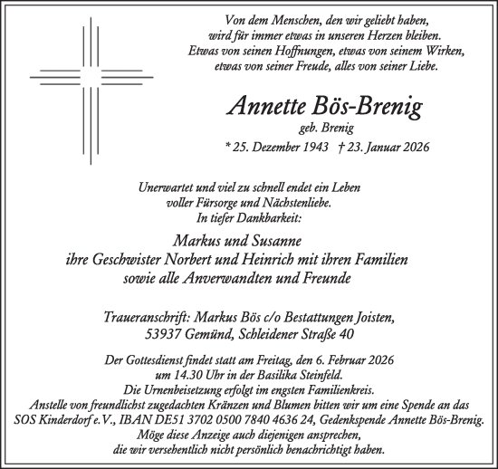 Traueranzeige von Annette Bös-Brenig von WochenSpiegel