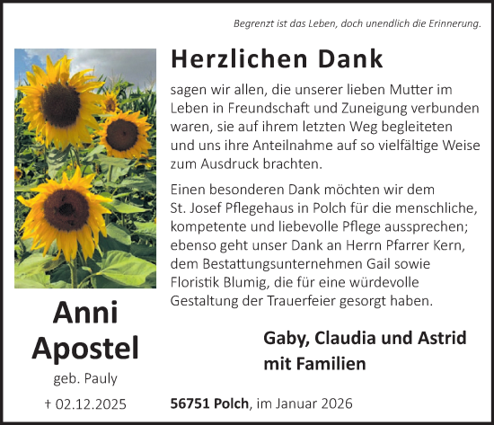 Traueranzeige von Anni Apostel von WochenSpiegel