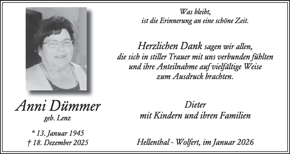  Traueranzeige für Anni Dümmer vom 28.01.2026 aus WochenSpiegel