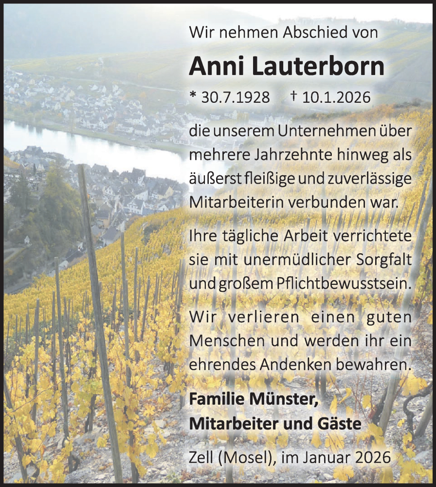 Traueranzeige für Anni Lauterborn vom 21.01.2026 aus WochenSpiegel