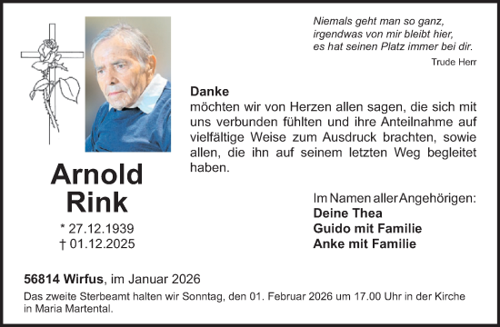 Traueranzeige von Arnold Rink von WochenSpiegel