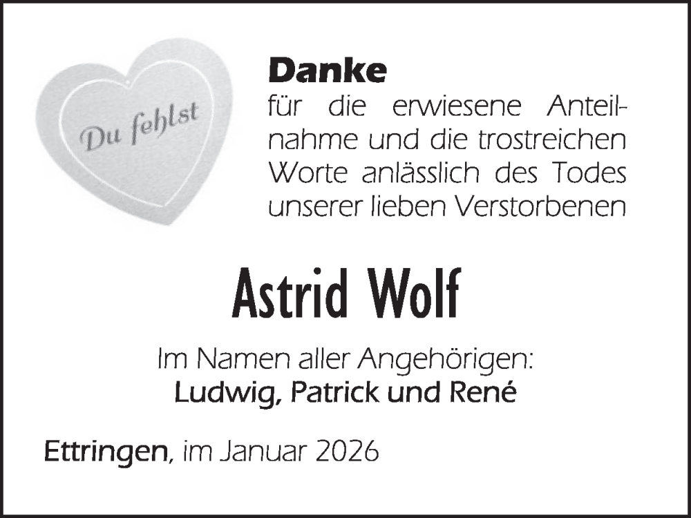  Traueranzeige für Astrid Wolf vom 28.01.2026 aus WochenSpiegel