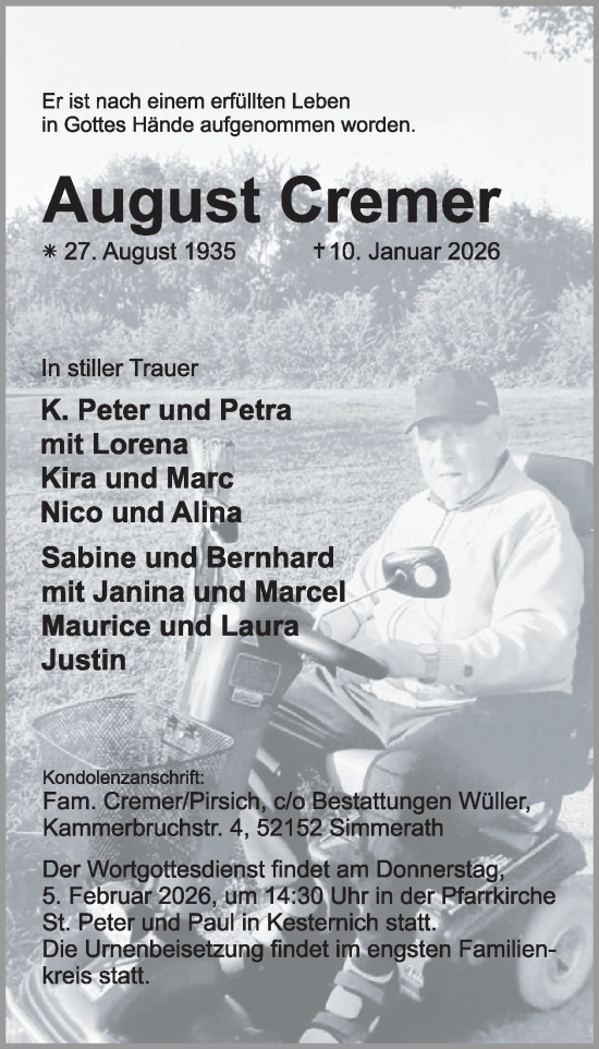 Traueranzeige von August Cremer von WochenSpiegel
