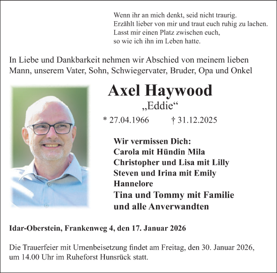Traueranzeige von Axel Haywood von WochenSpiegel
