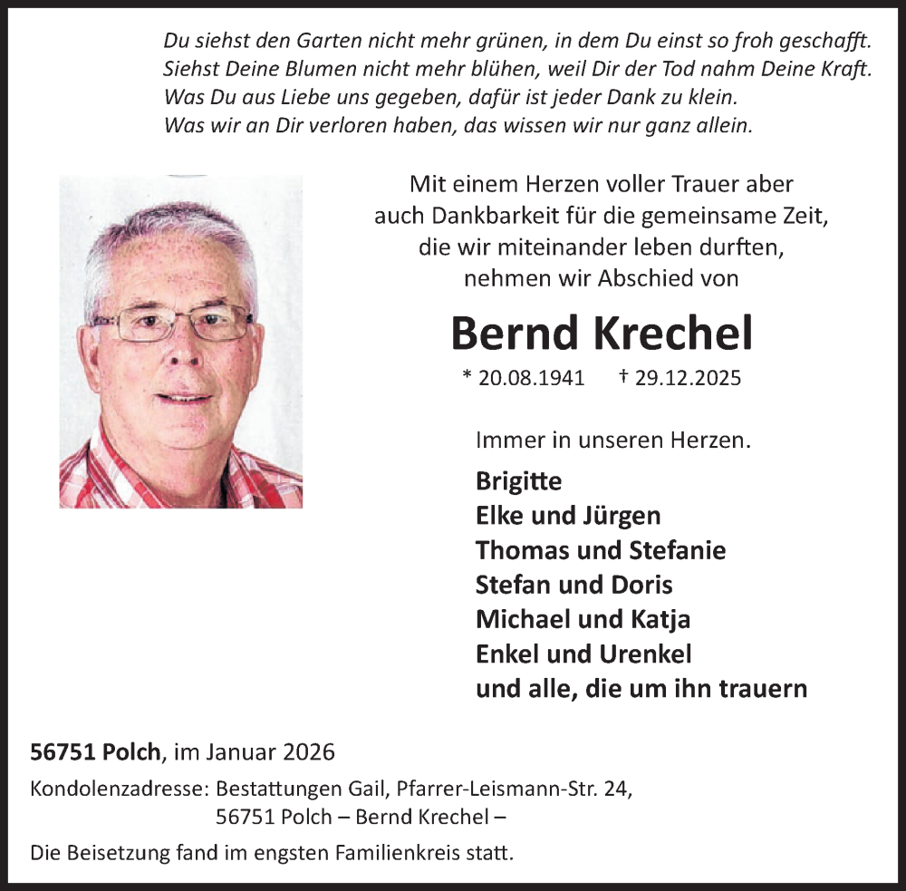  Traueranzeige für Bernd Krechel vom 21.01.2026 aus WochenSpiegel