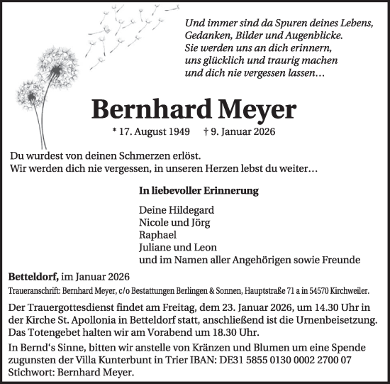 Traueranzeige von Bernhard Meyer von WochenSpiegel