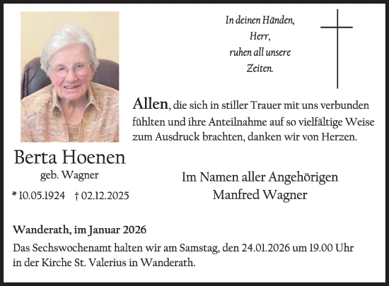 Traueranzeige von Berta Hoenen von WochenSpiegel