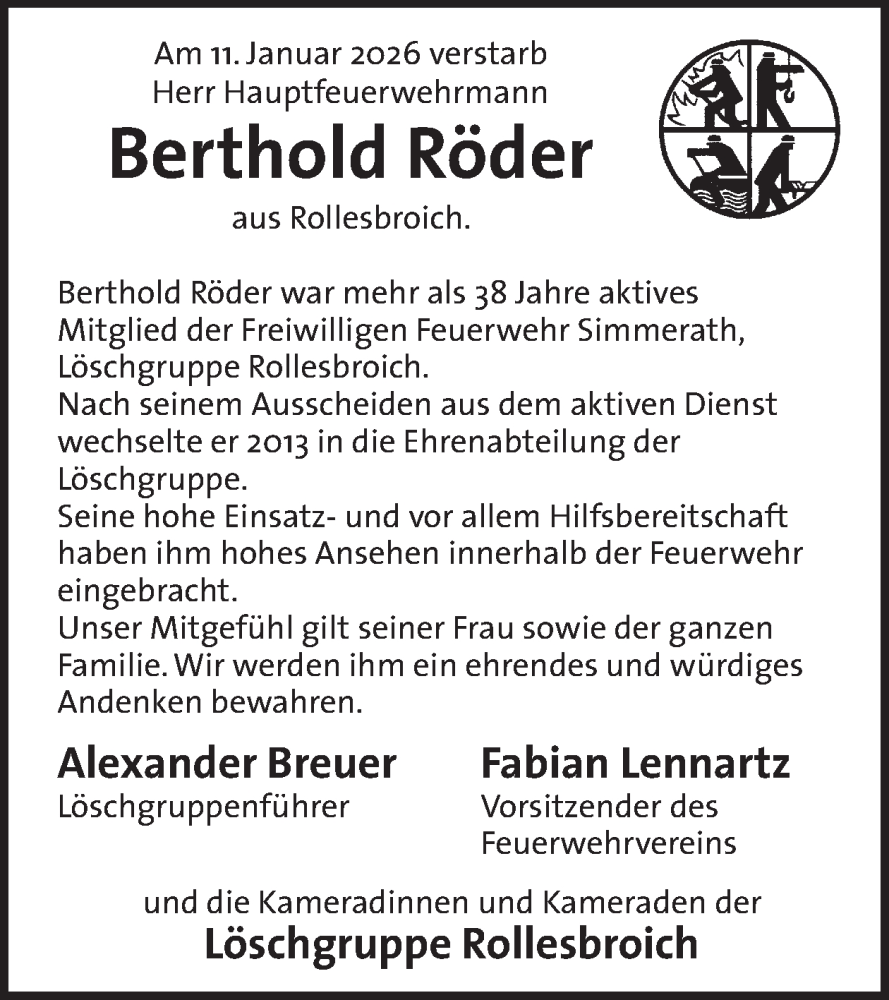  Traueranzeige für Berthold Röder vom 28.01.2026 aus WochenSpiegel