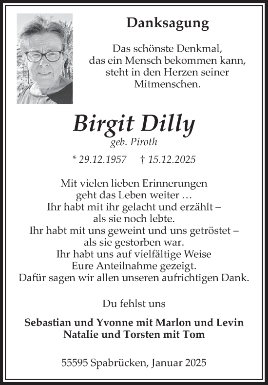 Traueranzeige von Birgit Dilly von WochenSpiegel