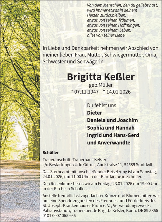 Traueranzeige von Brigitta Keßler von WochenSpiegel