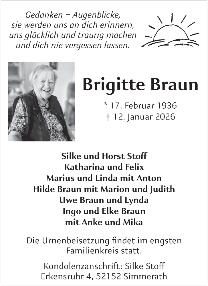  Traueranzeige für Brigitte Braun vom 21.01.2026 aus WochenSpiegel