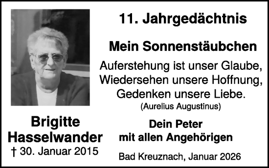 Traueranzeige von Brigitte Hasselwander von WochenSpiegel
