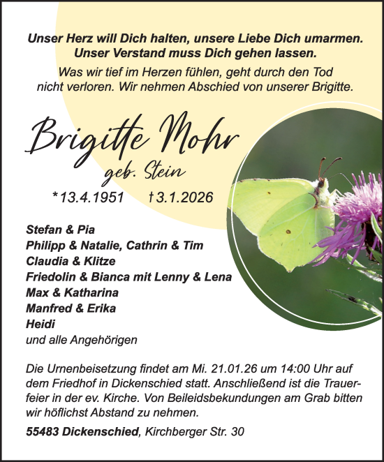 Traueranzeige von Brigitte Mohr von WochenSpiegel