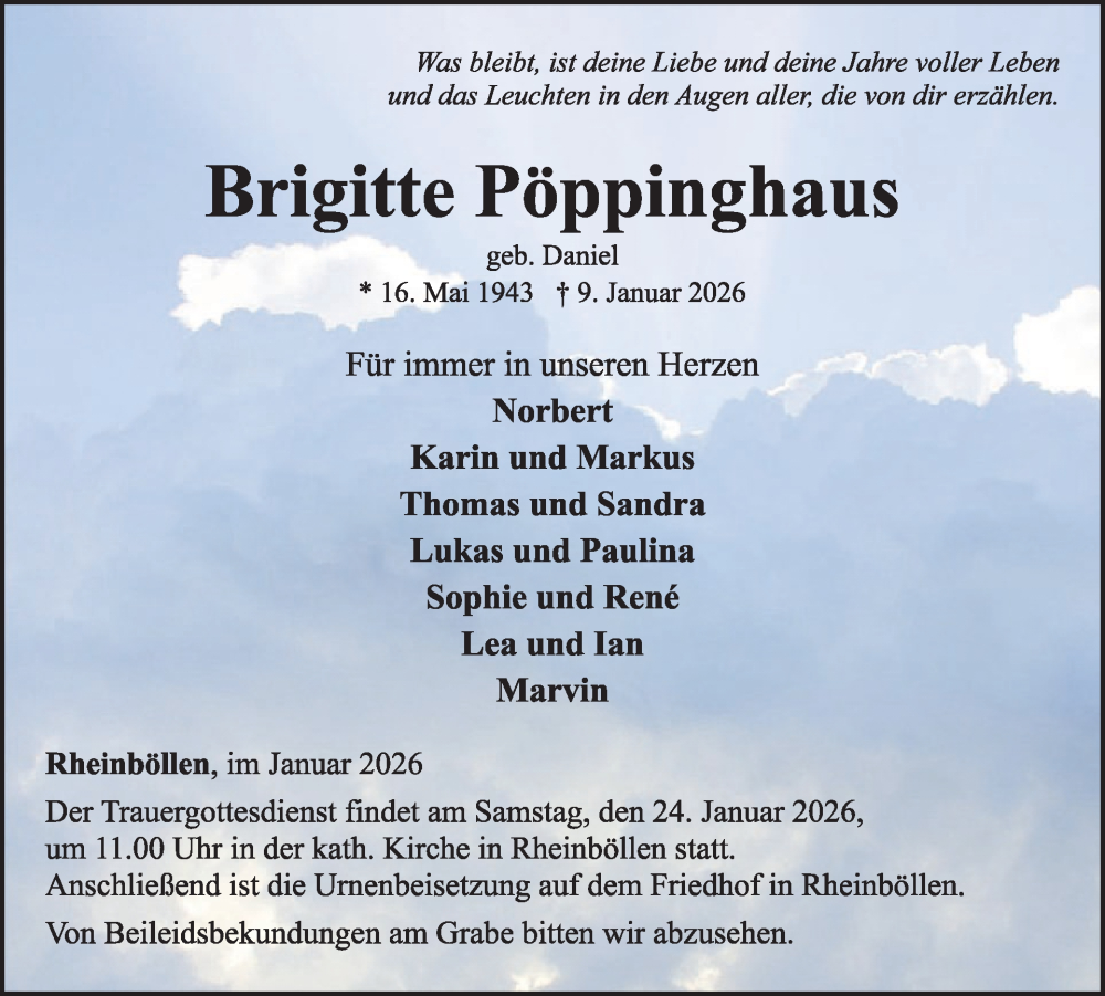  Traueranzeige für Brigitte Pöppinghaus vom 17.01.2026 aus WochenSpiegel