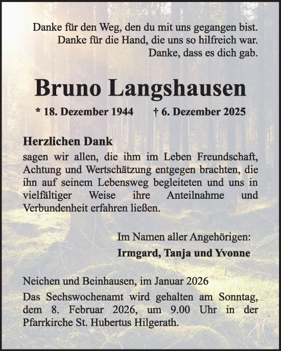 Traueranzeige von Bruno Langshausen von WochenSpiegel
