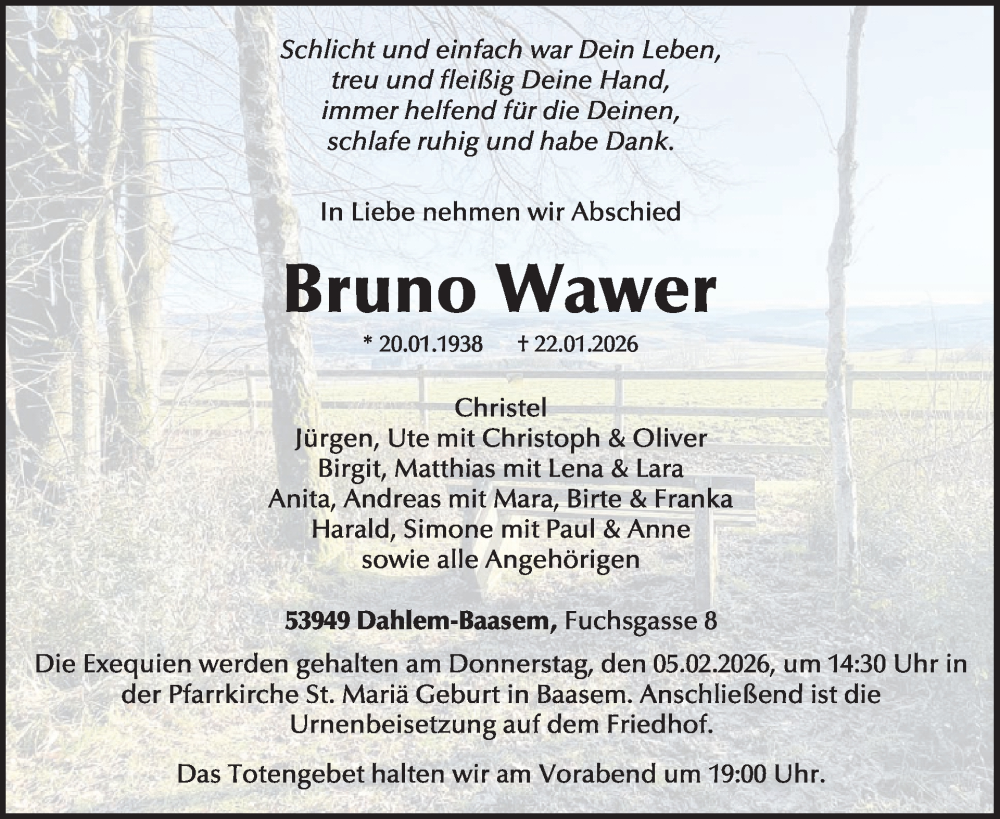  Traueranzeige für Bruno Wawer vom 31.01.2026 aus WochenSpiegel