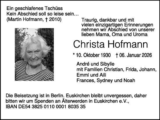 Traueranzeige von Christa Hofmann von WochenSpiegel