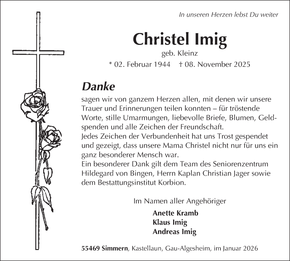  Traueranzeige für Christel Imig vom 03.01.2026 aus WochenSpiegel