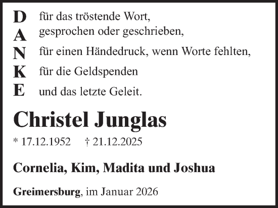 Traueranzeige von Christel Junglas von WochenSpiegel