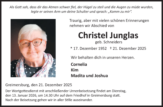 Traueranzeige von Christel Junglas von WochenSpiegel