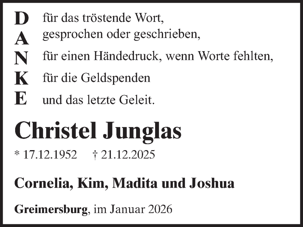  Traueranzeige für Christel Junglas vom 28.01.2026 aus WochenSpiegel